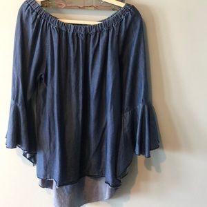 Sleek Chic chambray flutter arm, high/low tunic